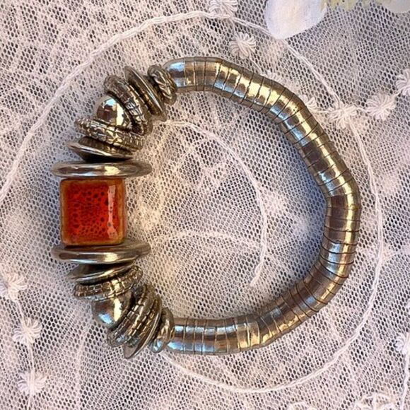 Coil Wrapped Silver Bracelet with Bold Orange Ceramic Pottery Bead Accent - Picture 2 of 9